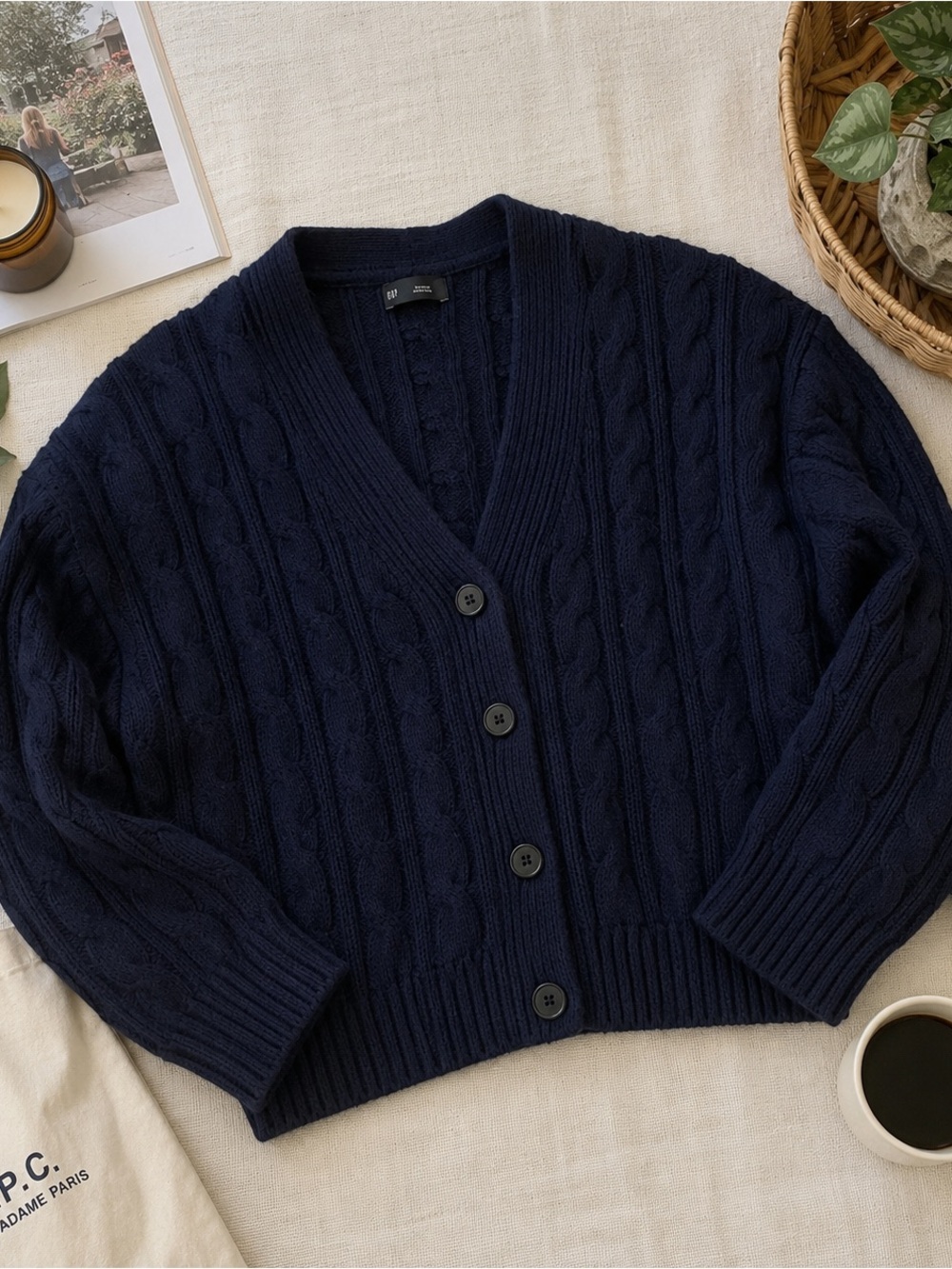 GAP Navy Cable Knit Button Front Cardigan Sweater Medium Cotton Wool Blend